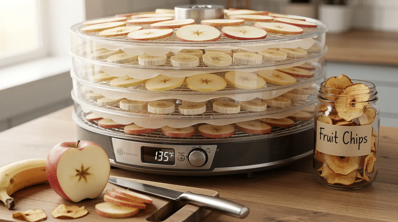 The image features a variety of homemade fruit chips, including apple and banana slices, arranged neatly on a food dehydrator tray. These delicious dehydrated snacks showcase a crispy texture and vibrant colors, highlighting the natural sweetness of the fruits used in the dehydrator recipes.