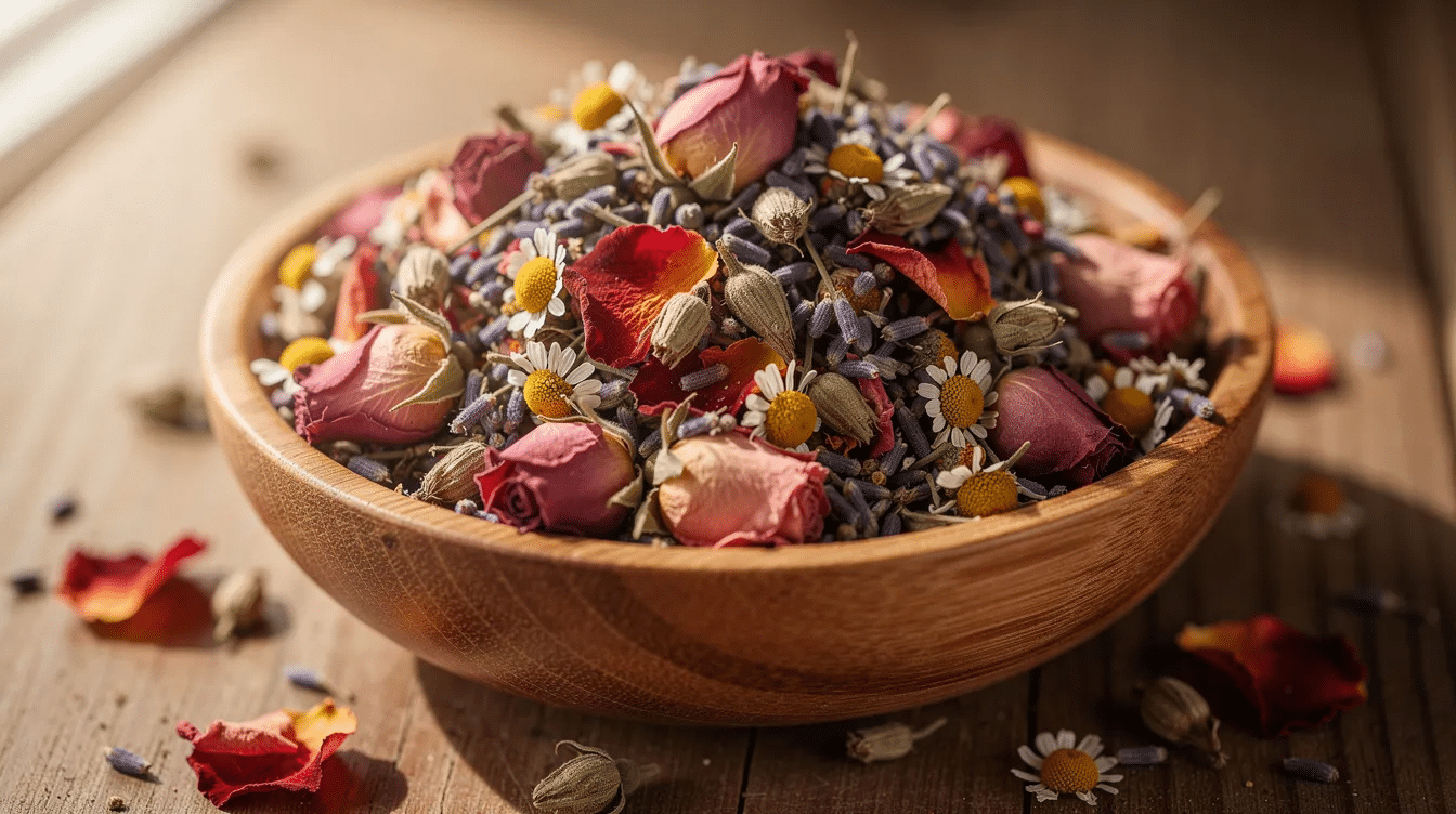 A colorful mix of dried rose petals, lavender buds, and chamomile flowers fills a wooden bowl, creating a delightful display of natural beauty. This blend of dried flowers and herbs offers a fragrant touch, perfect for making sachets or potpourri to refresh your space.
