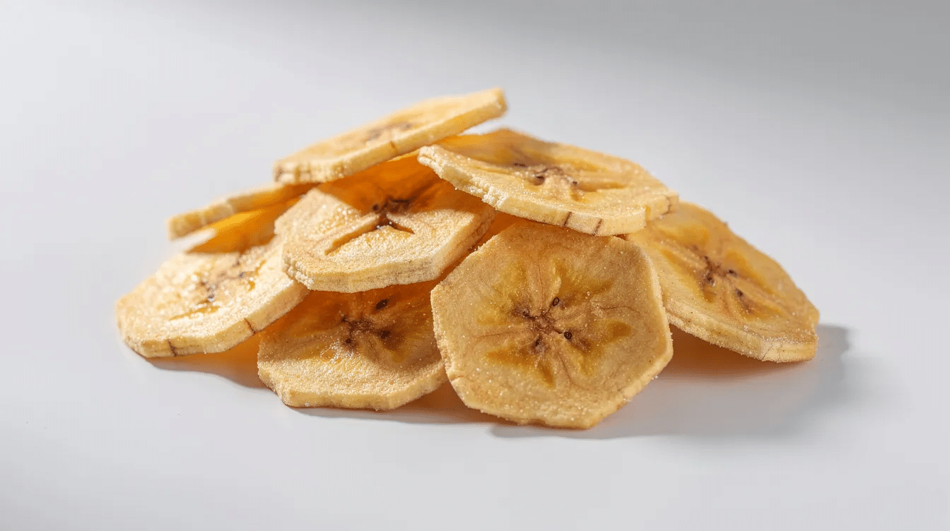The image depicts a bowl filled with crispy dehydrated banana chips, showcasing their golden-brown color and crunchy texture. These banana chips are a great snack option, perfect for food preservation and storing dehydrated food, making them ideal for hiking or as part of dehydrated meals.