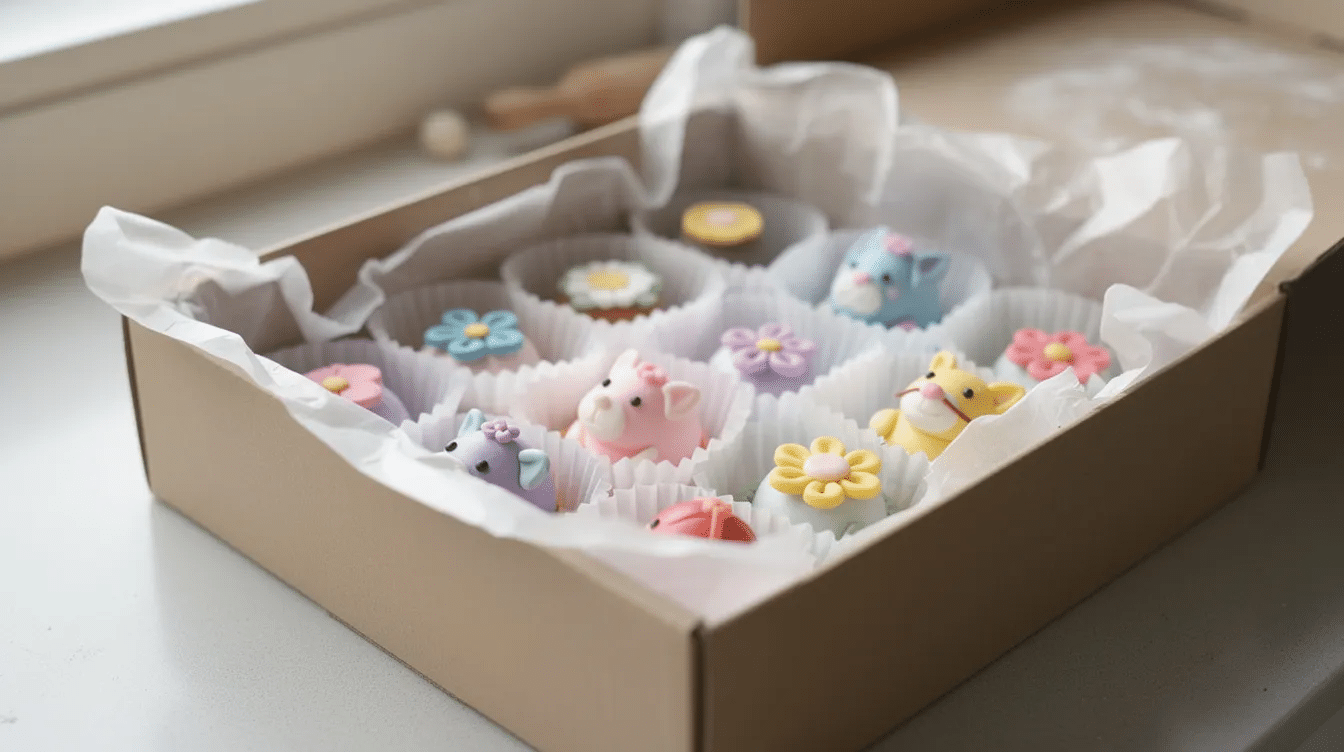 The image features beautifully decorated fondant figurines stored carefully in a cardboard box, lined with parchment paper to protect the delicate cake toppers during the drying process. Each fondant piece is meticulously crafted, ensuring they remain intact and completely dry for future use in cake decorating.