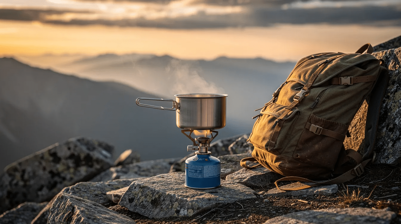 A small camping stove sits on a rocky mountain overlook at sunset, with a metal pot on it, likely containing a delicious vegetable soup made from dehydrated veggies and seasoned with spices. A backpack rests nearby, suggesting a cozy outdoor meal after a day of hiking.