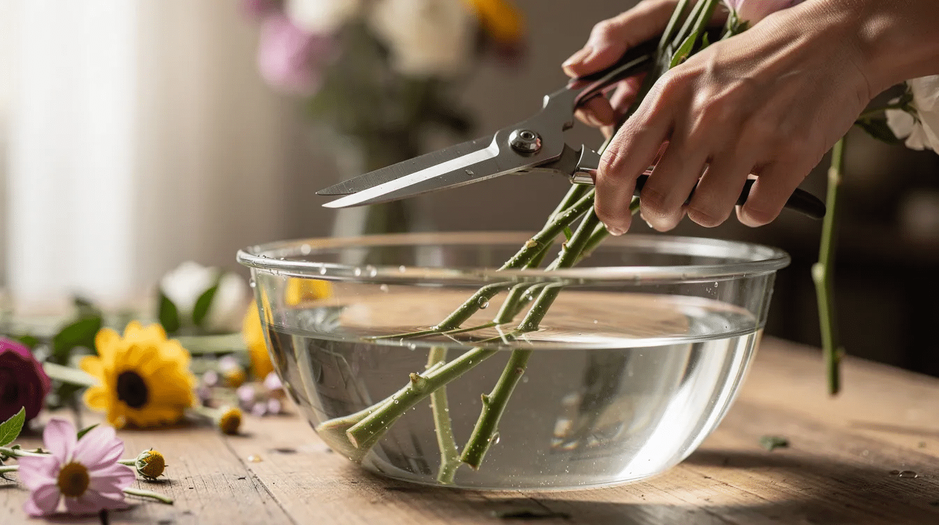 A person is trimming flower stems at an angle with sharp shears, carefully placing the cut stems into a bowl of fresh water to help the flowers last longer. This flower care tip ensures the blooms receive adequate water intake, extending their vase life and keeping them fresh.