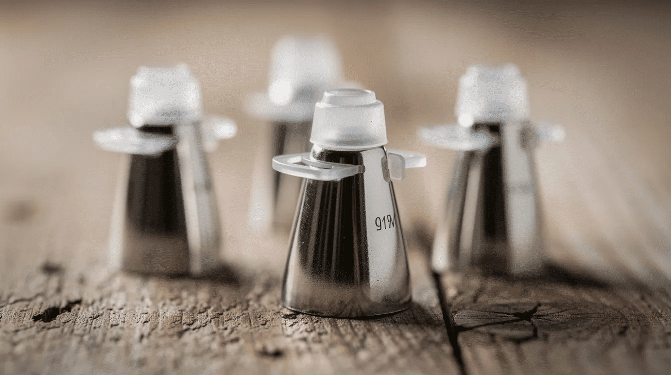 A close-up image showcases small metal piping tips accompanied by plastic caps and clips, all resting on a wooden table. These tools are essential for storing royal icing in piping bags, ensuring the icing remains fresh and ready for decorating sugar cookies.