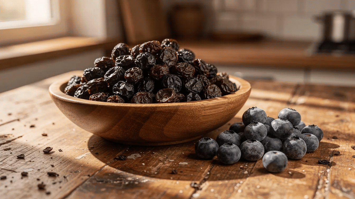 A rustic wooden bowl filled with chewy dried blueberries sits on a kitchen counter, surrounded by a few scattered fresh blueberries, suggesting the potential for delicious blueberry recipes or baked goods. The warm tones of the bowl and berries create a cozy atmosphere, perfect for a baking session or a healthy snack.
