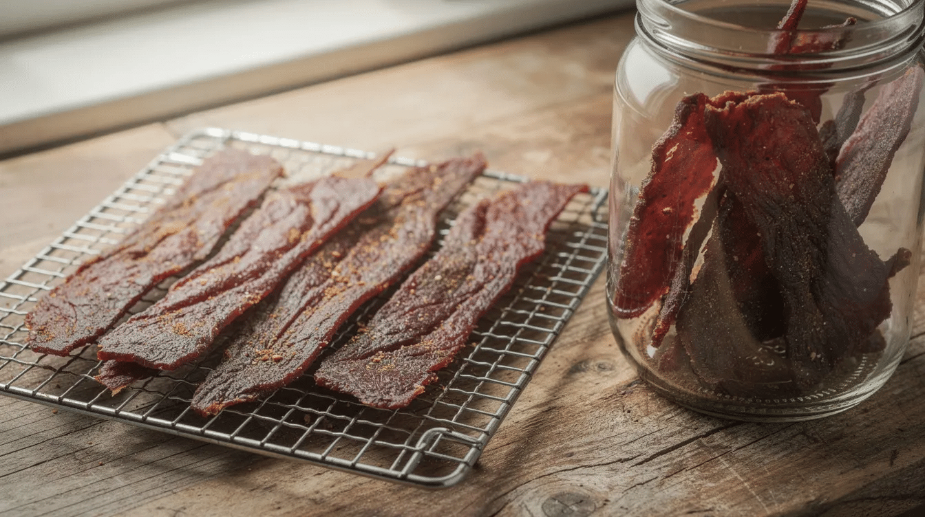 The image shows finished homemade beef jerky strips neatly arranged on a cooling rack, with a glass storage jar placed nearby, ready for storing the delicious, flavorful jerky. The thin strips of cooked roast beef highlight the successful jerky recipe, showcasing a tasty snack option that can last up to two months when stored properly.
