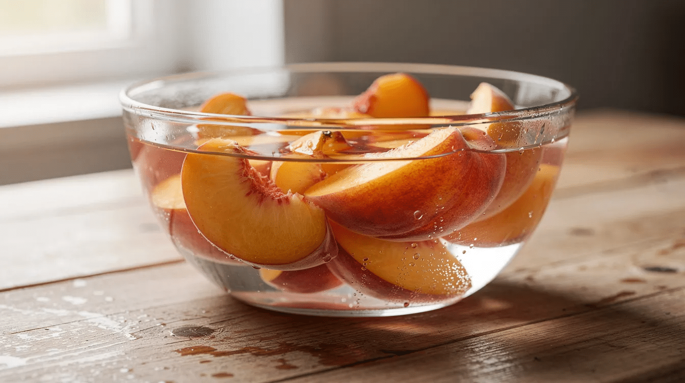 Sliced peaches are soaking in a glass bowl of water on a wooden countertop, ready to be used in a delicious peach crumble recipe. The fresh peaches glisten in the water, highlighting their vibrant color and juicy texture, perfect for creating a sweet dessert.