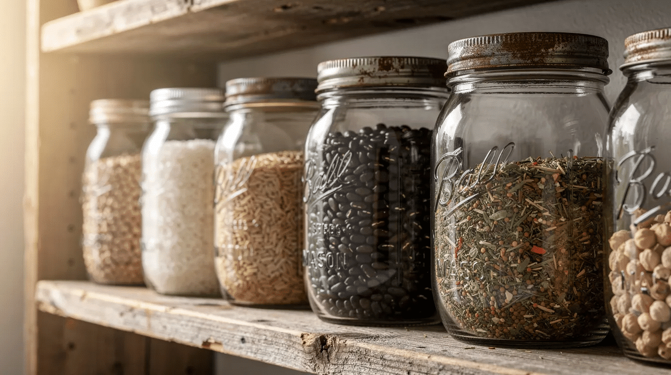 The image shows several glass mason jars of various sizes filled with dried rice, beans, and herbs, neatly arranged on a rustic wooden pantry shelf. These jars, ideal for long-term food storage, emphasize the importance of using oxygen absorbers and airtight seals to preserve the freshness of dry foods.