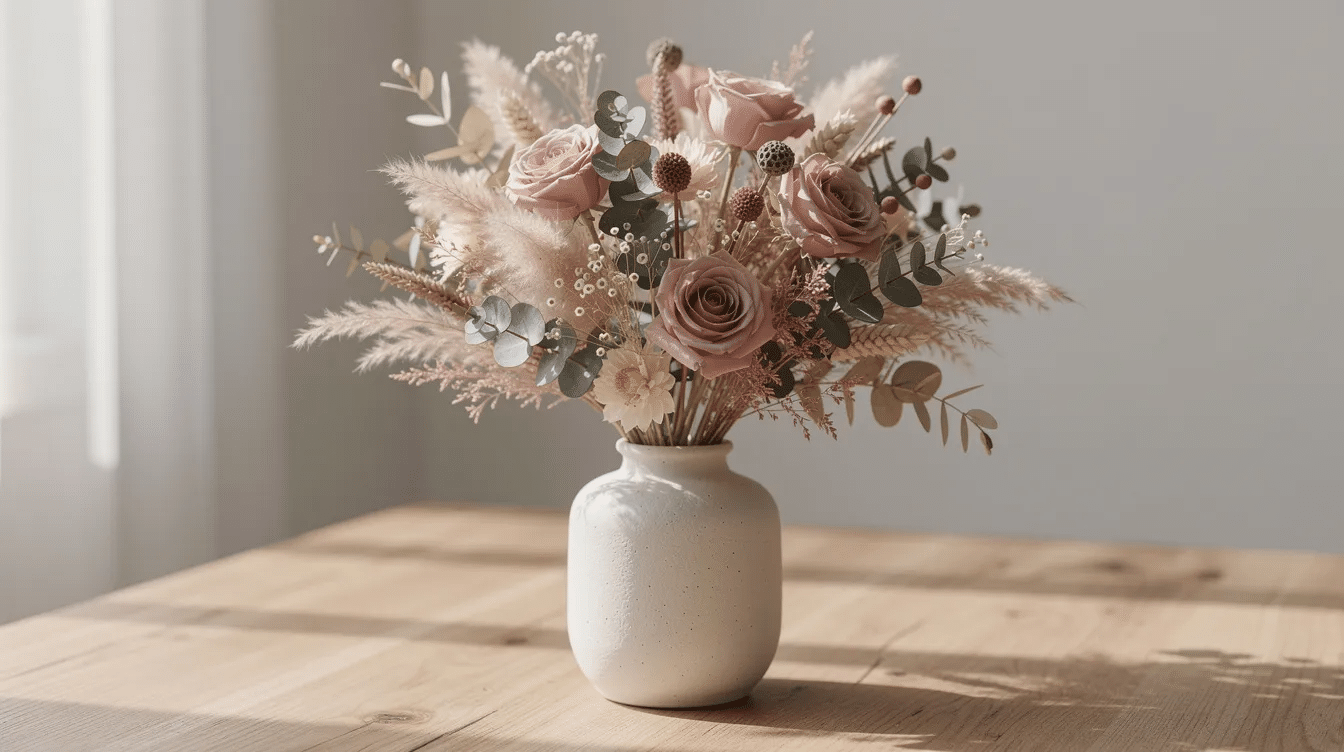 A beautifully styled bouquet of dried flowers featuring soft pinks, blues, and creams is arranged in a ceramic vase atop a wooden table. The delicate blooms, including dried hydrangeas and tiny blossoms, create an elegant home decor piece that captures the beauty of nature.
