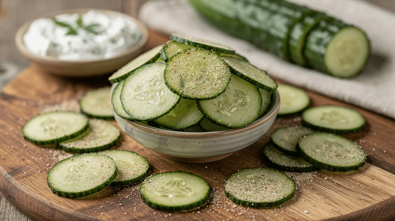 The image features thinly sliced cucumber chips arranged on dehydrator trays, showcasing their crispy texture and vibrant green color. These sour cream and onion flavored cucumber chips are a delicious low-carb alternative to traditional potato chips, perfect for snacking on the keto diet.