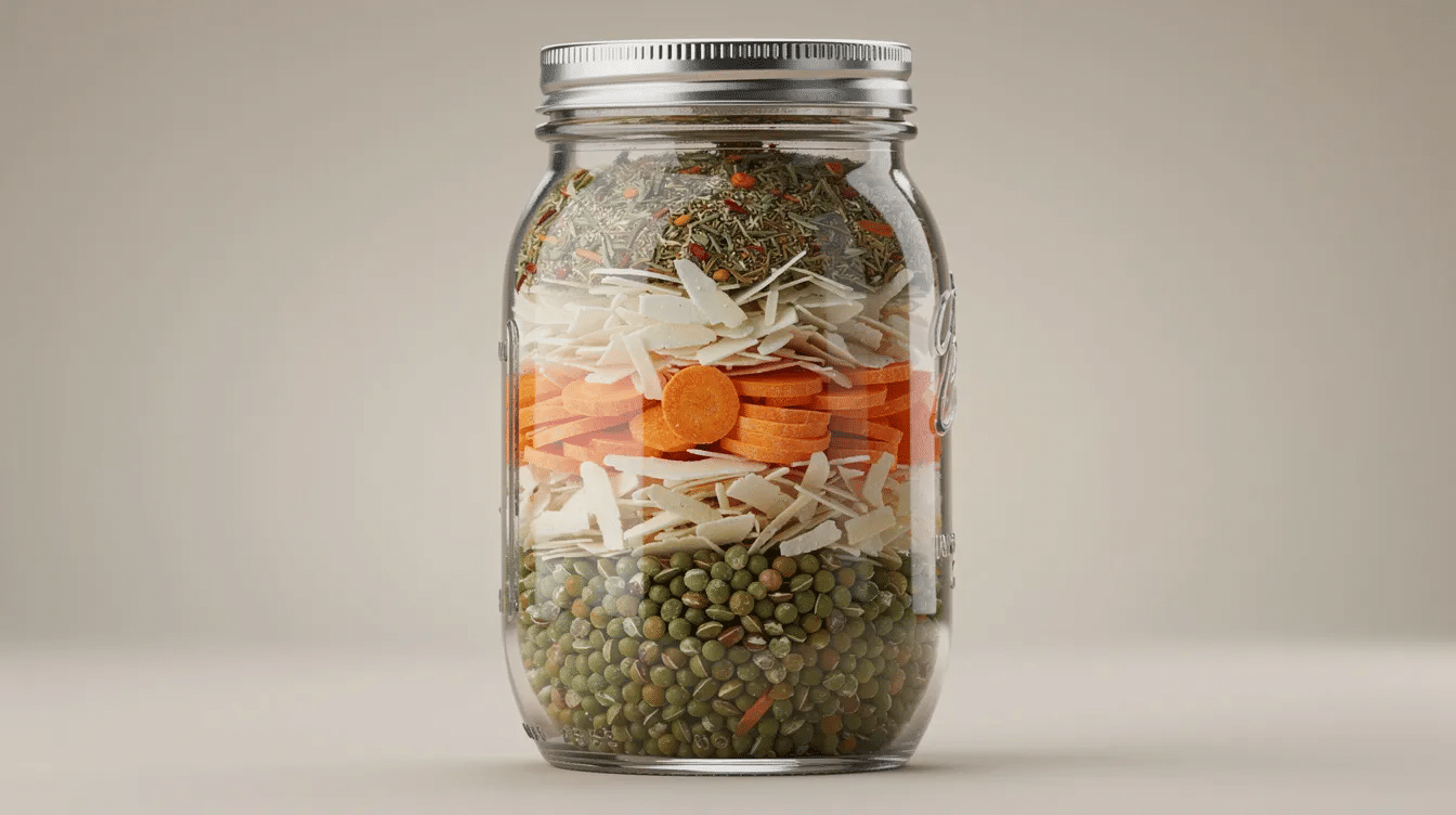 A quart mason jar showcases a colorful layering of green split peas, orange dried carrot slices, and white onion flakes, with herbs visible through the glass, perfect for making a delicious vegan split pea soup. This visually appealing arrangement highlights the ingredients often used in a comforting split pea soup recipe.