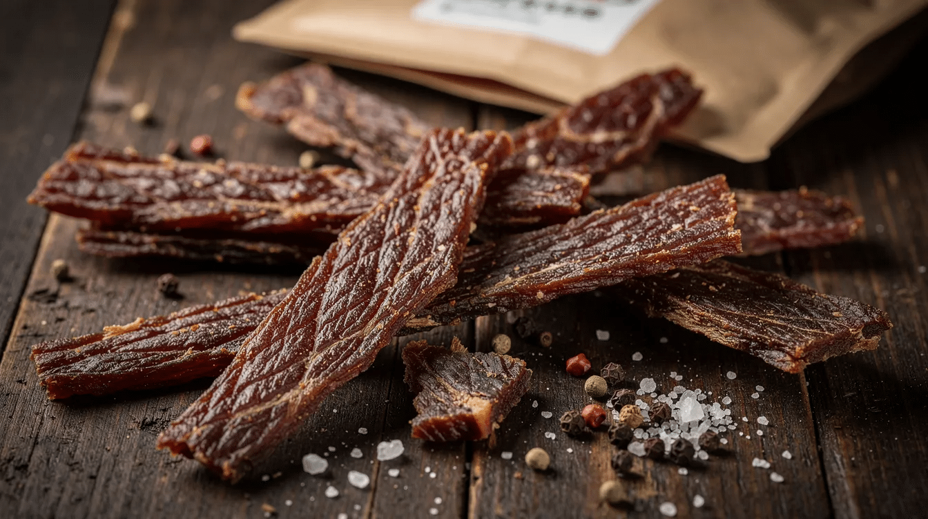 The image depicts a package of beef jerky, a popular dehydrated food made from lean meats, showcasing its chewy texture and rich flavor. This nutritious snack is often enjoyed for its long shelf life and is a favorite among those seeking convenient, protein-packed options for outdoor activities or quick meals.