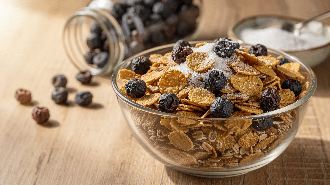 The image depicts a bowl of cereals and granola topped with vibrant dehydrated blueberries, creating a colorful and healthy snack. A light dusting of sugar enhances the sweetness, making it a tasty treat for any time of the day.