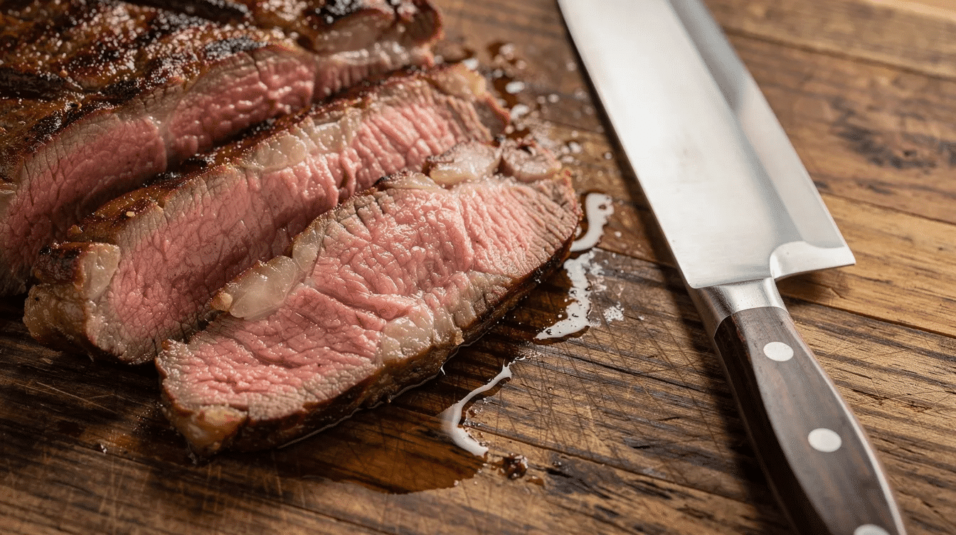 The image shows thin slices of cooked roast beef arranged neatly on a wooden cutting board, accompanied by a sharp chef's knife. This setup highlights the delicious and tender cooked meat, perfect for making homemade beef jerky or enjoying as a savory dinner option.