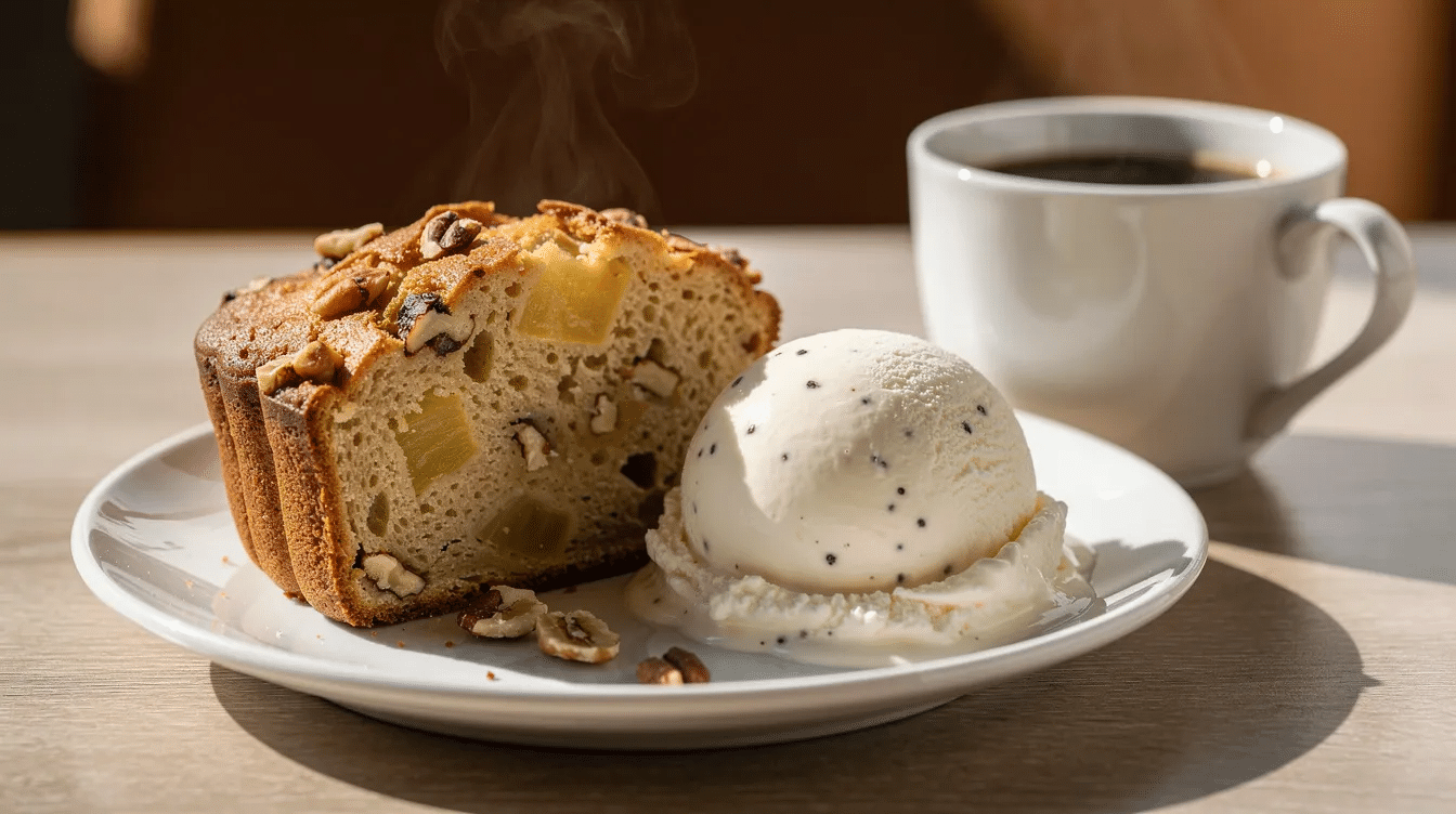 A warm slice of pineapple banana nut bread sits on a ceramic plate, accompanied by a scoop of creamy vanilla ice cream and a steaming cup of coffee, creating a delightful afternoon snack. The bread features a tropical twist with crushed pineapple and chopped macadamia nuts, promising a delicious flavor experience.