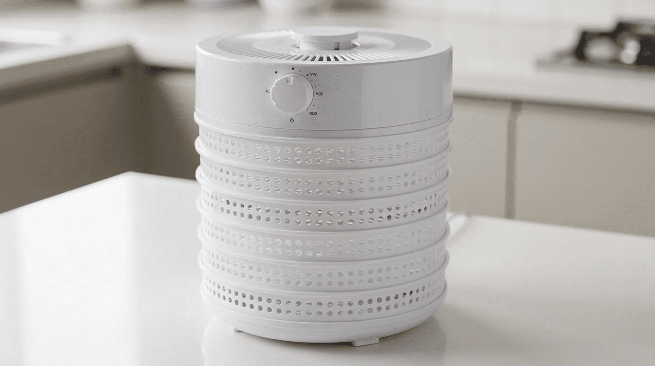 The image features a round electric food dehydrator with stackable, opaque plastic trays, elegantly arranged on a modern kitchen countertop. The sleek design includes a cylindrical motor housing unit on top, a control dial for adjustable temperature settings, and ventilated shelves, making it ideal for drying fruits, vegetables, and making snacks like beef jerky and apple chips.