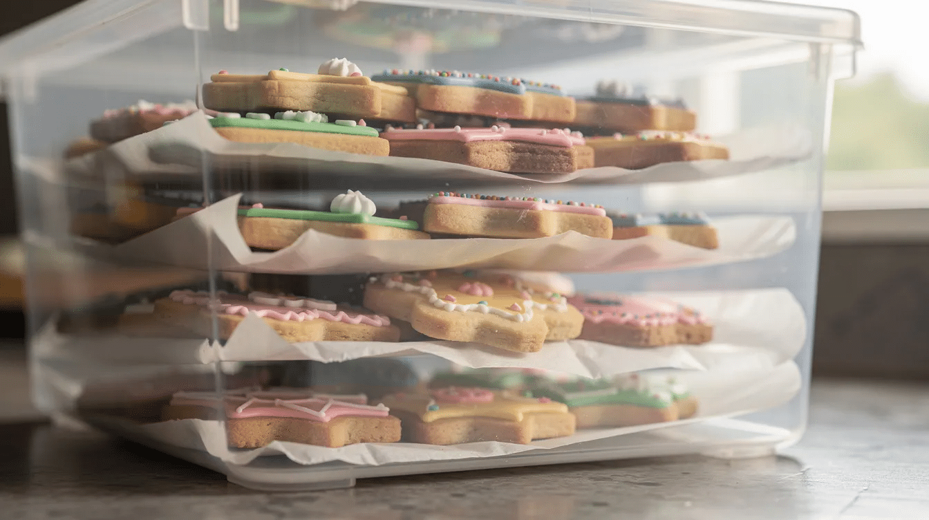 The image features a clear storage container filled with stacked decorated cookies, each separated by layers of parchment paper. The cookies are adorned with colorful powdered sugar icing, showcasing various designs that highlight the art of cookie decorating.
