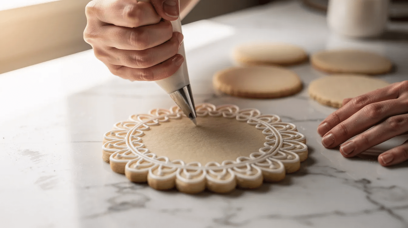A baker is skillfully piping intricate royal icing borders onto round sugar cookies, set on a smooth marble countertop. The royal icing, made from powdered sugar and egg whites, is being applied to create a glossy finish, showcasing the art of cookie decorating.