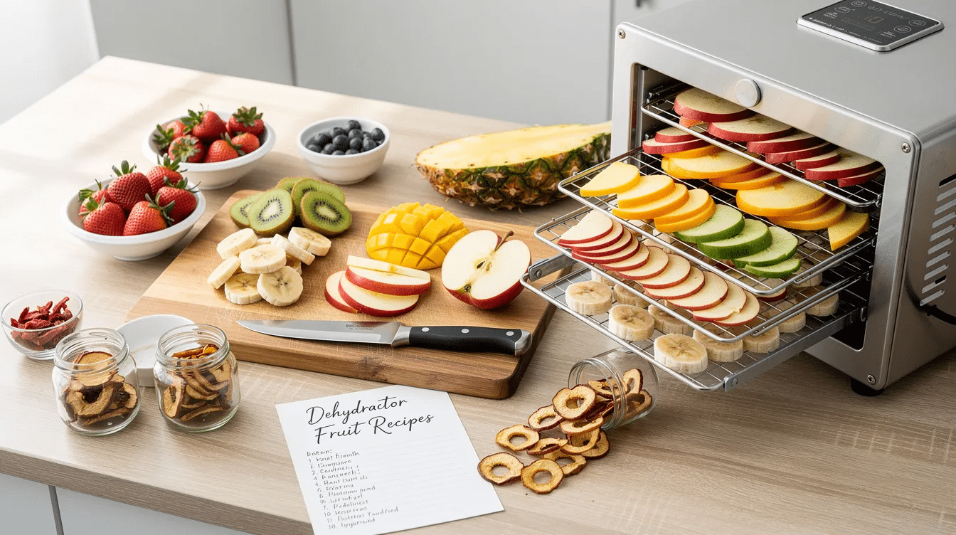 The image showcases a variety of dehydrated fruit, including thin slices of apples, peaches, and bananas, arranged on large square trays of a food dehydrator. This colorful assortment demonstrates how to turn fresh fruit into healthy snacks, perfect for trail mix or as a sweet treat, with step-by-step instructions for dehydrating cherries and strawberries visible in the background.