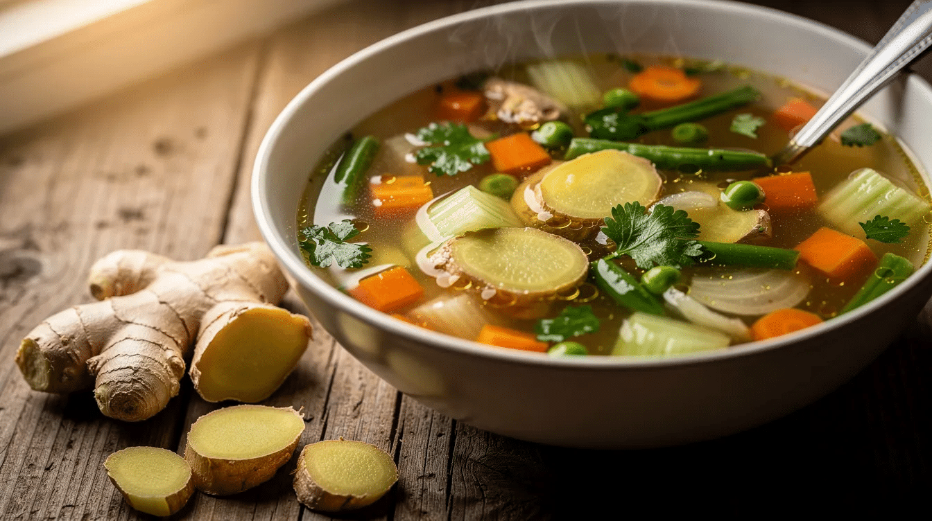 A warm bowl of vegetable soup with ginger is presented, featuring a vibrant mix of diced tomatoes, carrots, celery, and herbs, all simmered in a flavorful vegetable stock. The soup is garnished with fresh cilantro and a drizzle of olive oil, creating a hearty and super healthy meal perfect for dinner.