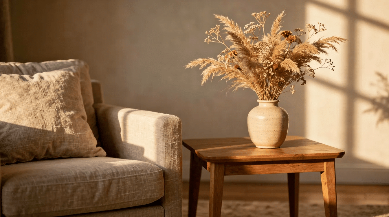 A warm, sunlit room features a vase filled with a beautiful arrangement of dried grasses and flowers on a wooden side table next to a cozy linen armchair. The delicate dried blooms, including hints of lavender, add a touch of natural beauty to the home decor, illuminated by direct sunlight.