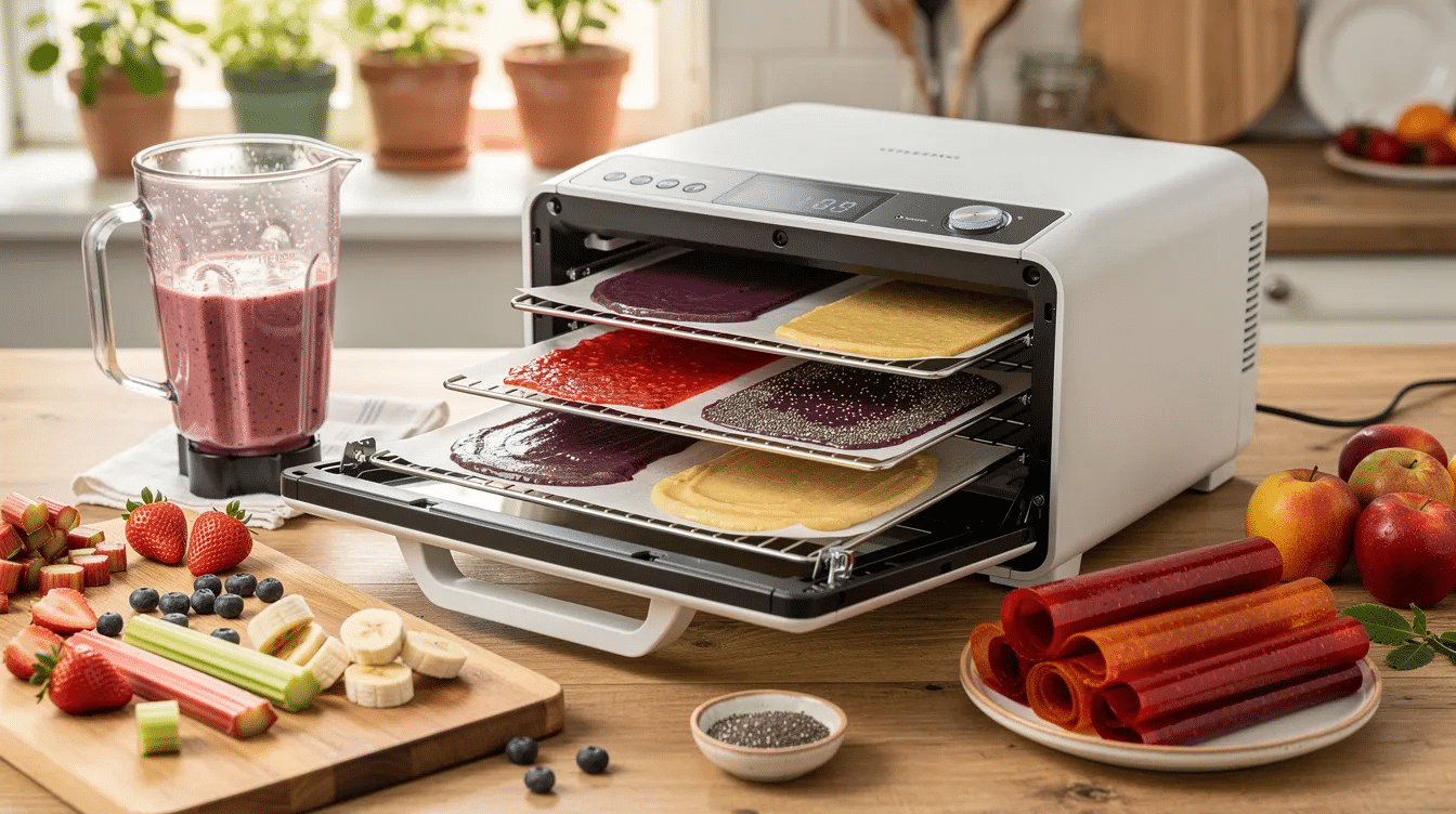 The image depicts a colorful assortment of homemade fruit leathers made from pureed strawberries, blueberries, and bananas, laid out on dehydrator trays. This healthy snack option showcases various flavors and textures, highlighting the fun of DIY dehydrator recipes for nutritious treats.