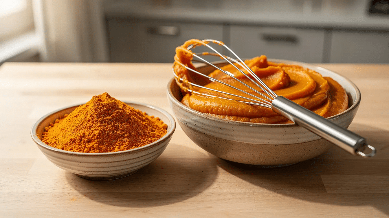 A small bowl of fine orange pumpkin powder sits next to a bowl of thick rehydrated pumpkin purée, with a whisk resting between them, suggesting ingredients for a delicious pumpkin bread recipe. The vibrant colors and textures highlight the key components for making a super moist quick bread, perfect for fall.