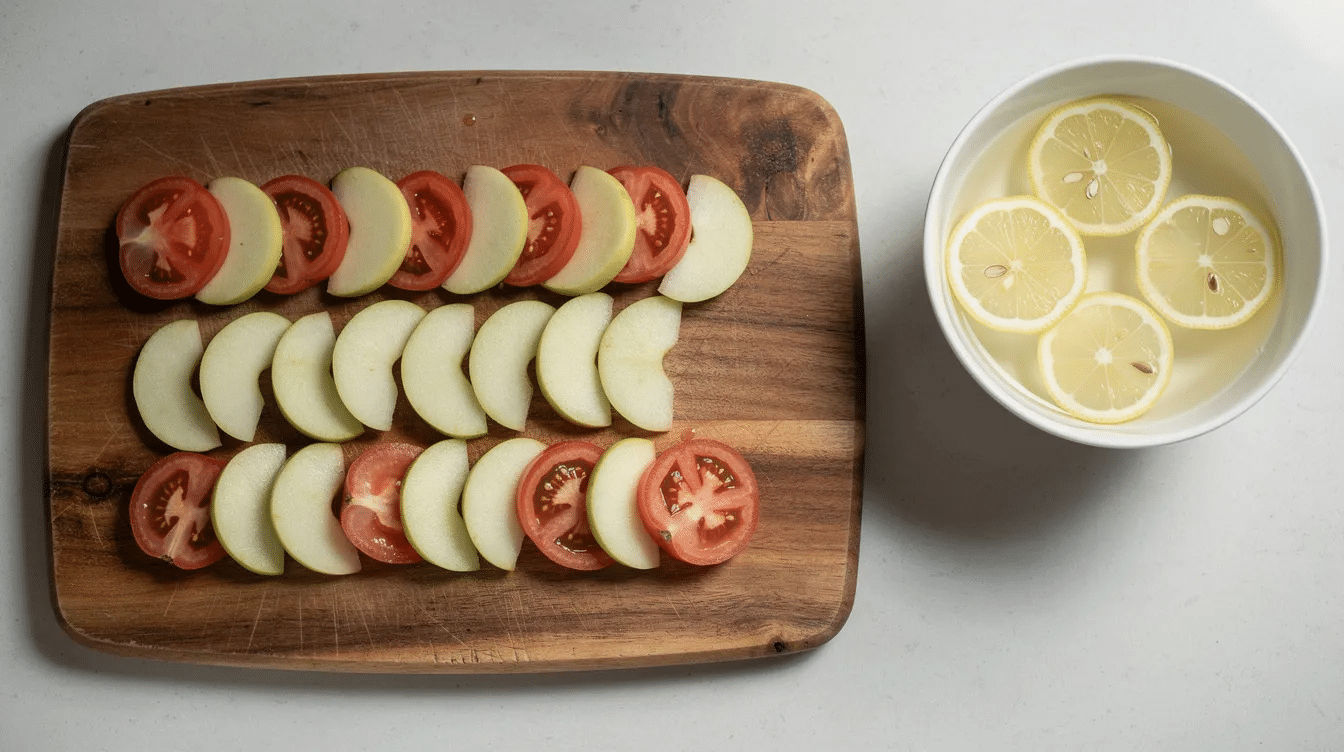 The image features neatly sliced apple rings and tomato halves arranged on a wooden cutting board, accompanied by a bowl of lemon water, creating a fresh and vibrant scene perfect for food preservation. This setup could be ideal for using a solar food dehydrator or drying rack to dry fruits and vegetables on sunny days.