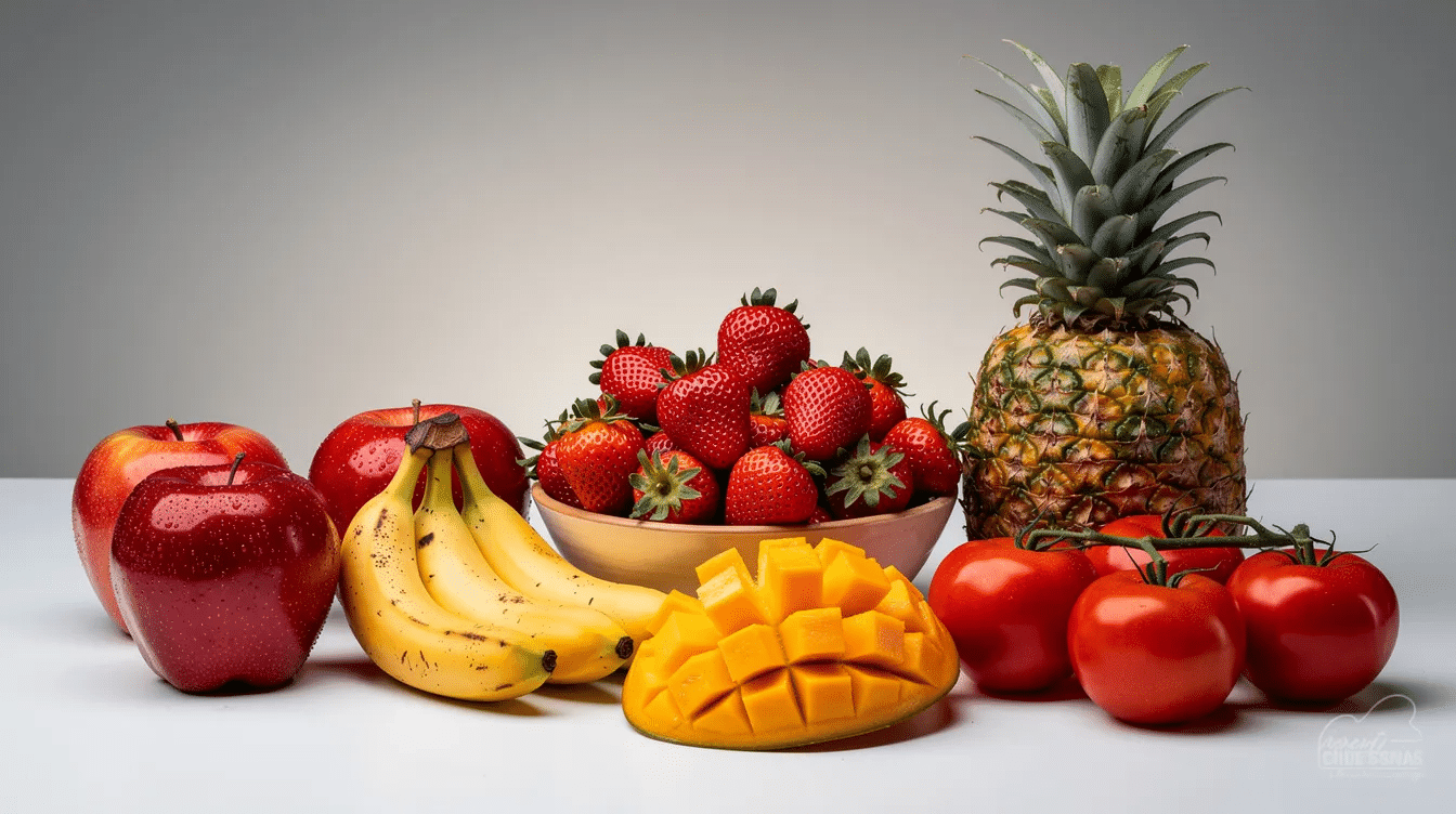 The image features a variety of fresh fruits including apples, bananas, strawberries, mangoes, pineapples, and tomatoes, arranged together, showcasing their vibrant colors and textures. These fruits can be used for dehydrating to create delicious dried fruit snacks, perfect for healthy trail mixes or fruit leather recipes.