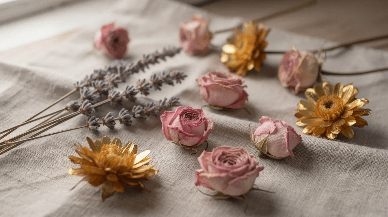 A close-up view showcases a beautiful arrangement of dried lavender, delicate pink roses, and vibrant golden strawflowers elegantly placed on a soft linen cloth, capturing the essence of dried flowers in a stunning floral display. The natural colors and textures highlight the beauty of these preserved blooms, perfect for home decor or special occasions.