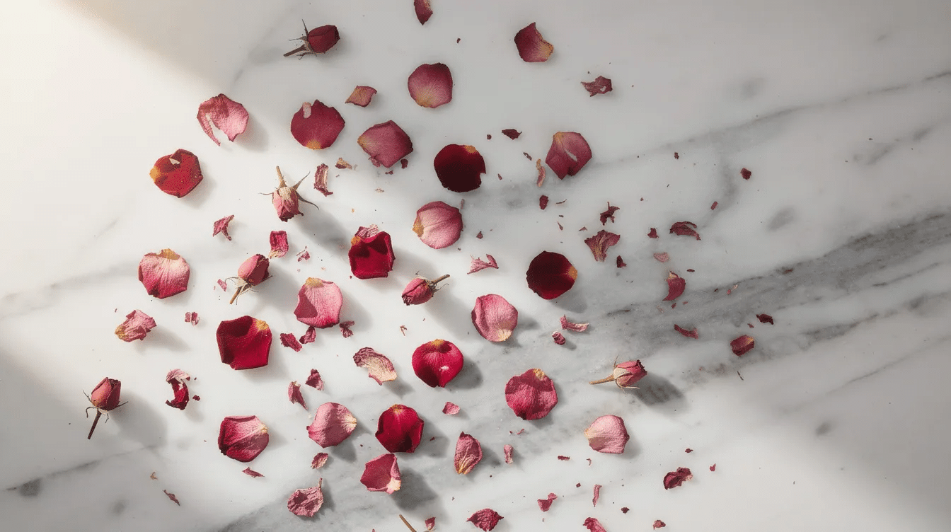 The image features scattered dried pink and red rose petals on a smooth white marble surface, creating a beautiful and vibrant display of nature's colors. These dried edible flowers can be used to enhance the beauty and flavors of various culinary dishes and drinks.