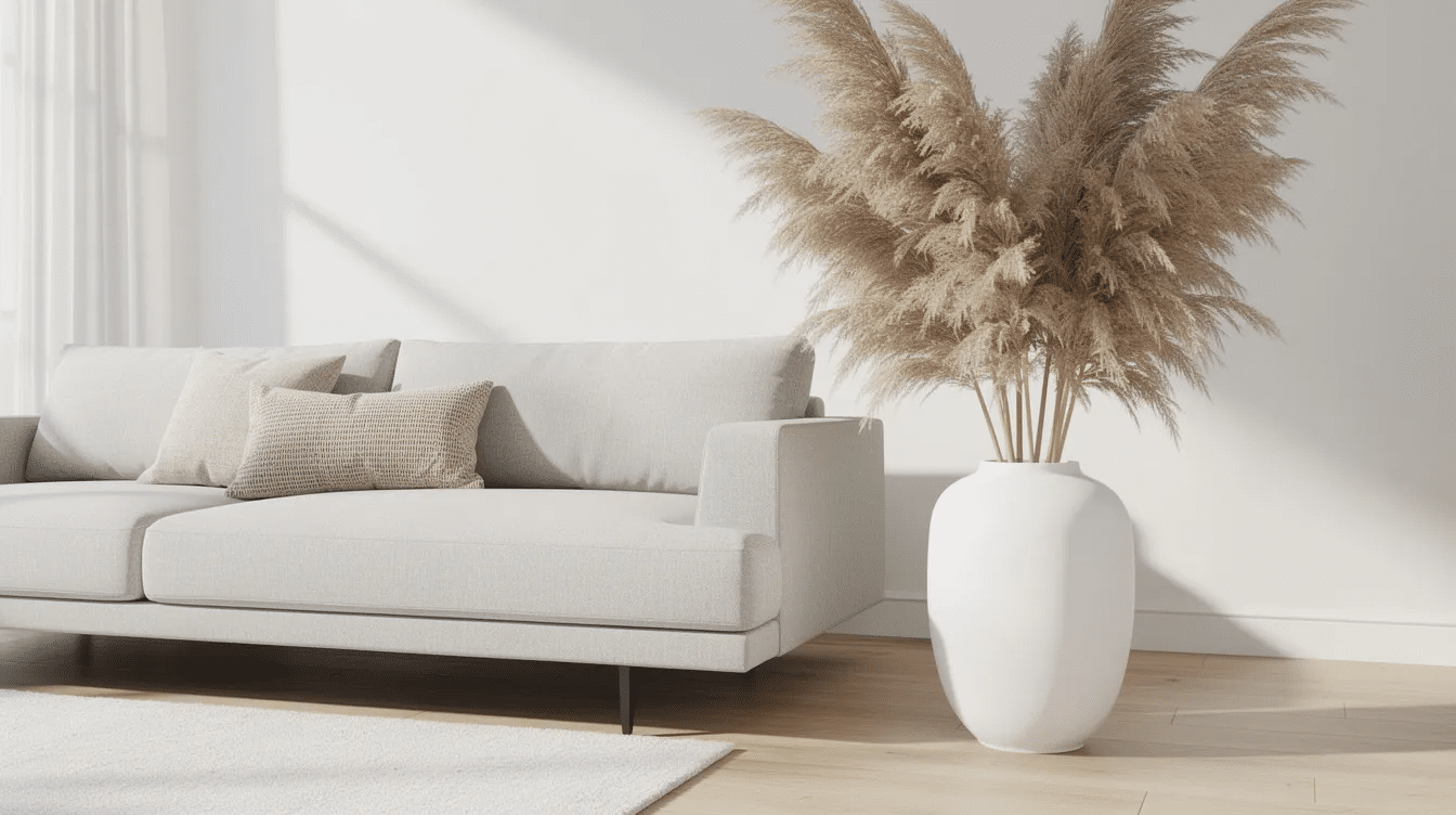 A tall arrangement of pampas grass fills a large white floor vase, positioned beside a modern sofa in a bright and airy living room. The dried grasses create a beautiful focal point, adding a touch of elegance and natural beauty to the space.