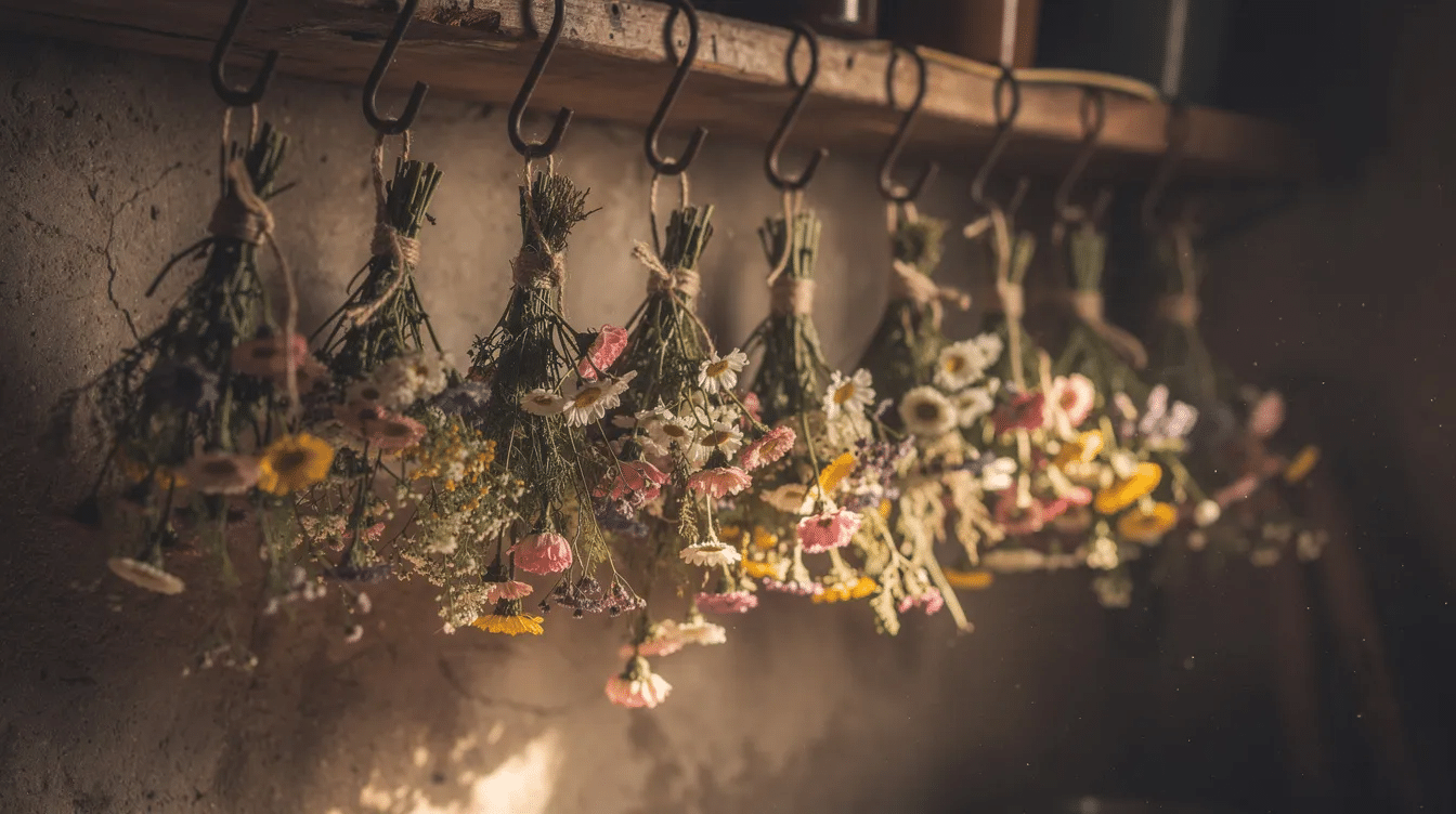 Small bundles of mixed flowers, including delicate blooms like dried lavender and dried hydrangeas, are tied with twine and hanging upside down from metal hooks in a dimly lit room, showcasing the drying process for beautiful floral arrangements. The dark atmosphere enhances the natural beauty of these air-dried flowers, creating a unique home decor display.