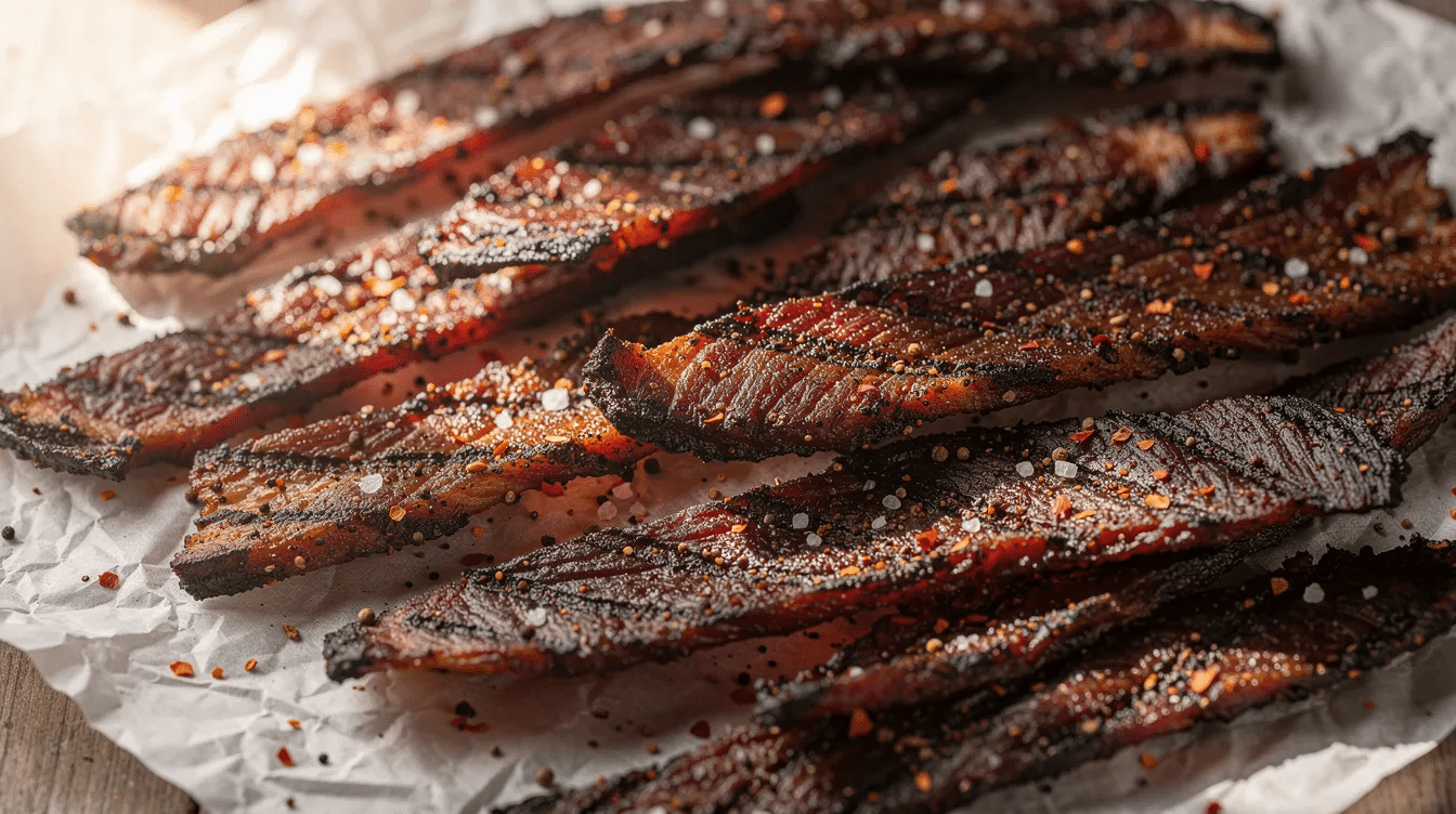 The image shows finished pieces of smoked beef jerky arranged on parchment paper, showcasing visible smoke lines and a sprinkle of seasoning. This delicious jerky, made from lean cuts of beef, highlights the smoking process that adds rich smoke flavor, perfect for enjoying as a homemade snack.