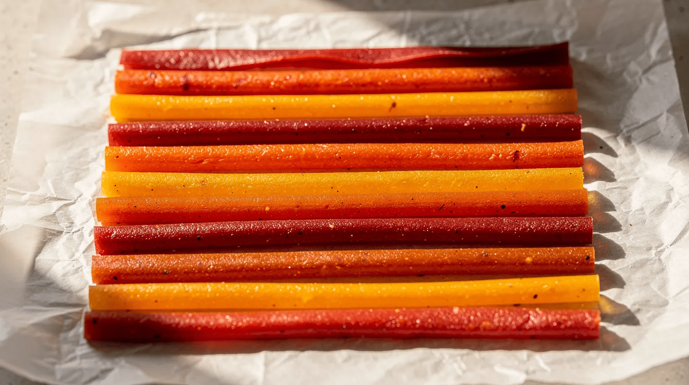 The image features colorful rolled fruit leather strips in vibrant shades of red, orange, and yellow, beautifully arranged on parchment paper. These fruit leathers, a result of sun drying or using a solar food dehydrator, showcase the natural sweetness of garden produce, perfect for healthy snacking.