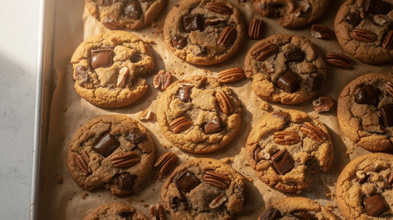 Freshly baked golden brown chocolate chip pecan cookies are arranged on a parchment-lined baking sheet, showcasing visible chunks of dark chocolate and pieces of toasted pecans. The cookies have a chewy texture with crispy edges, inviting a delightful nutty flavor.