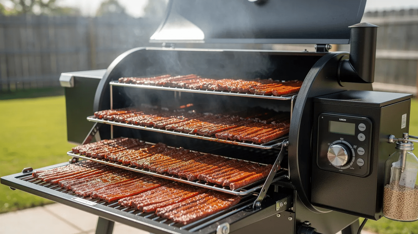 A pellet smoker is set up outdoors with its lid open, revealing multiple racks filled with thin strips of marinated meat, ideal for making beef jerky. The arrangement showcases the delicious jerky strips, ready to absorb smoke flavor for a tender and flavorful result.