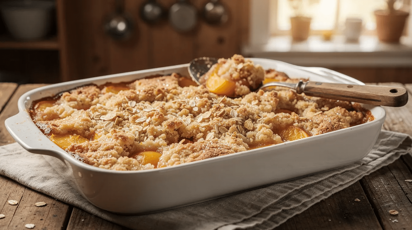 The image features a golden peach crumble in a ceramic baking dish, with a rustic spoon resting on the edge, set against a warm kitchen background. The inviting dessert, made with ripe peaches and topped with a buttery crumble, is perfect for serving with a scoop of vanilla ice cream.