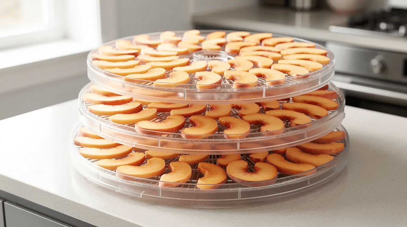 Thin slices of ripe peaches are neatly arranged on round dehydrator trays in a bright kitchen, ready to be dried for future use in a peach crumble recipe. The scene captures the essence of preparing fresh fruit for delicious desserts like peach cobbler or peach crisp.