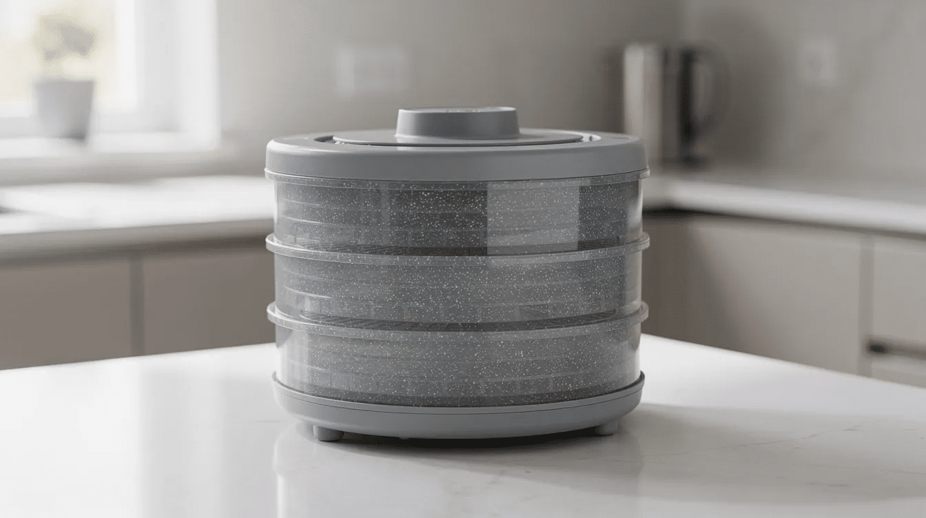 A sleek, cylindrical food dehydrator sits on a modern kitchen countertop, showcasing its grey top-mounted motor lid and four stackable, speckled grey-tinted trays. The soft natural light emphasizes its clean design, perfect for drying fruits, vegetables, and making snacks like beef jerky and apple chips.
