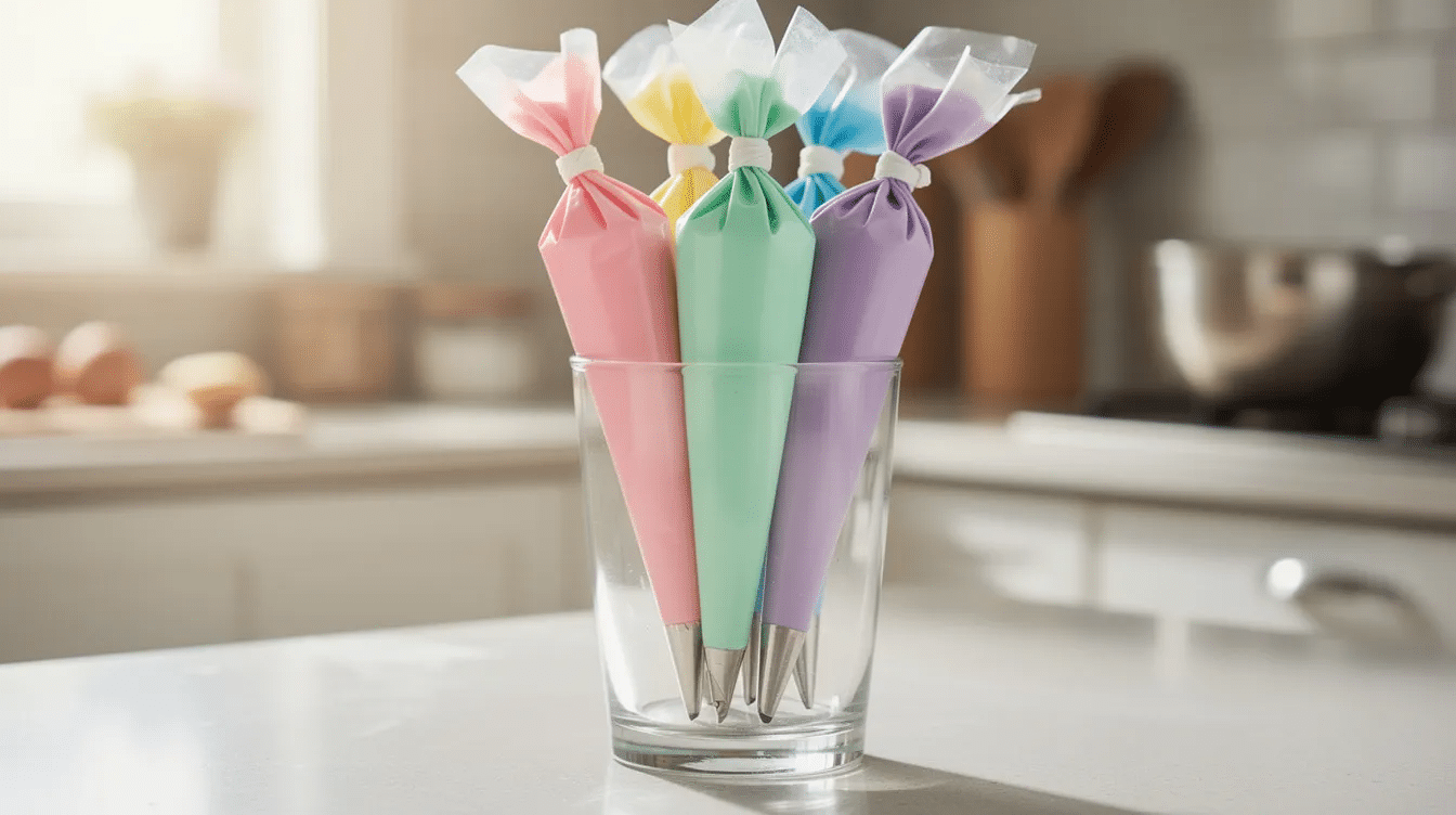 A collection of colorful royal icing piping bags, filled with vibrant icing colors, stands upright in a tall glass on a kitchen counter, ready for decorating sugar cookies. These bags are ideal for storing royal icing, ensuring the icing remains fresh and ready for use.