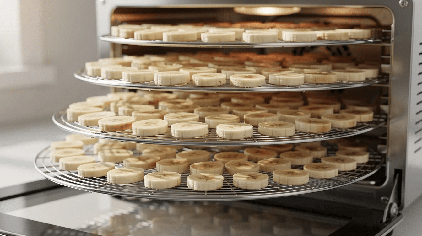 The image shows rows of banana slices neatly arranged on stainless steel dehydrator trays inside an open food dehydrator, preparing for a delicious banana bread recipe. The vibrant yellow slices suggest a tropical flavor, perfect for adding to a Hawaiian banana nut bread.