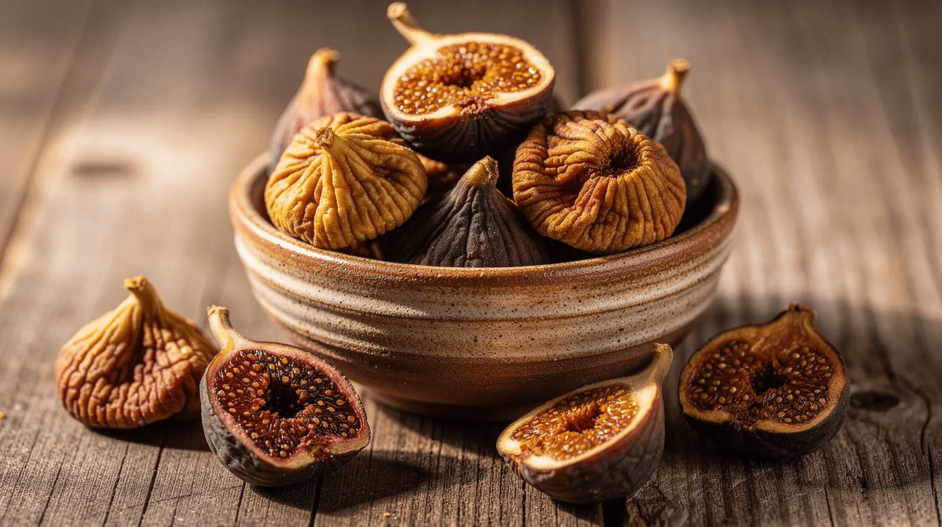 The image showcases a collection of dehydrated figs arranged in a single layer on drying trays, highlighting their rich brown color and wrinkled texture. These delicious dried figs, a nutritious snack, can be stored in an airtight container for long-term storage, perfect for adding sweetness to homemade granola or morning oatmeal.