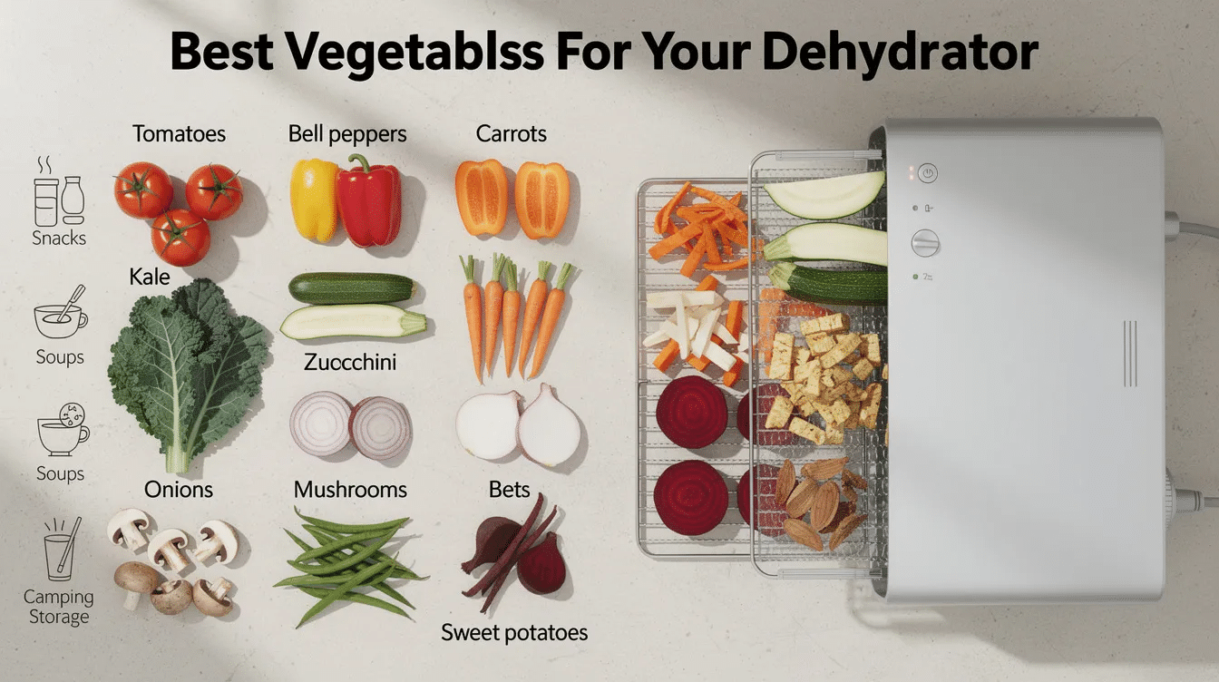 The image showcases a variety of fresh vegetables arranged on stainless steel trays inside an electric food dehydrator, highlighting the process of preserving food through dehydration. This setup illustrates the best vegetables for dehydrators, emphasizing the importance of thin slices for optimal drying and long-term storage.