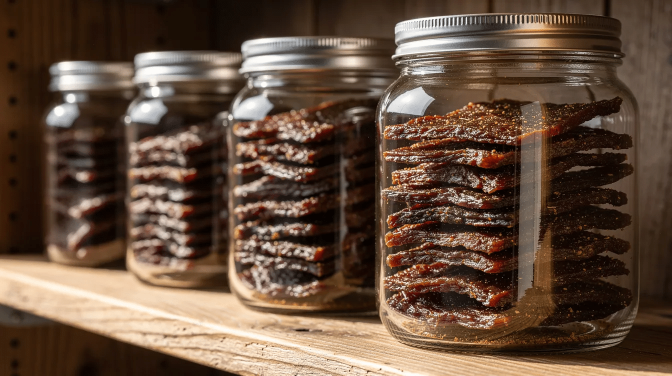 The image features glass jars filled with finished dried beef jerky strips, each sealed with metal lids, neatly arranged on a rustic wooden shelf. The jerky, seasoned with spices like garlic powder and onion powder, is ready for longer storage and showcases a variety of flavors, including teriyaki and spicy options.