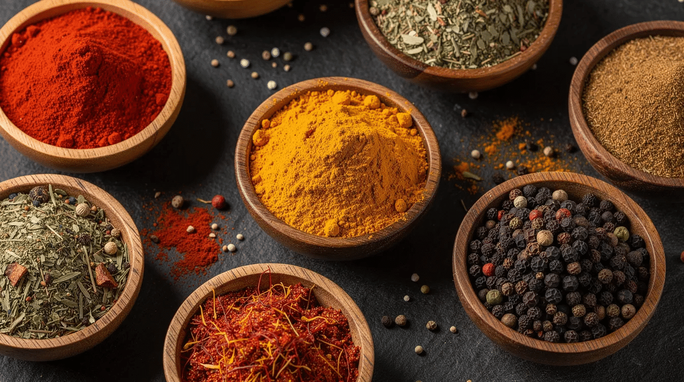 A close-up view showcases an array of colorful spices and seasonings, including onion powder, garlic powder, and black pepper, elegantly arranged in small wooden bowls atop a dark surface. These ingredients, perfect for enhancing the flavor of beef jerky and other meat recipes, create a vibrant display of textures and colors.