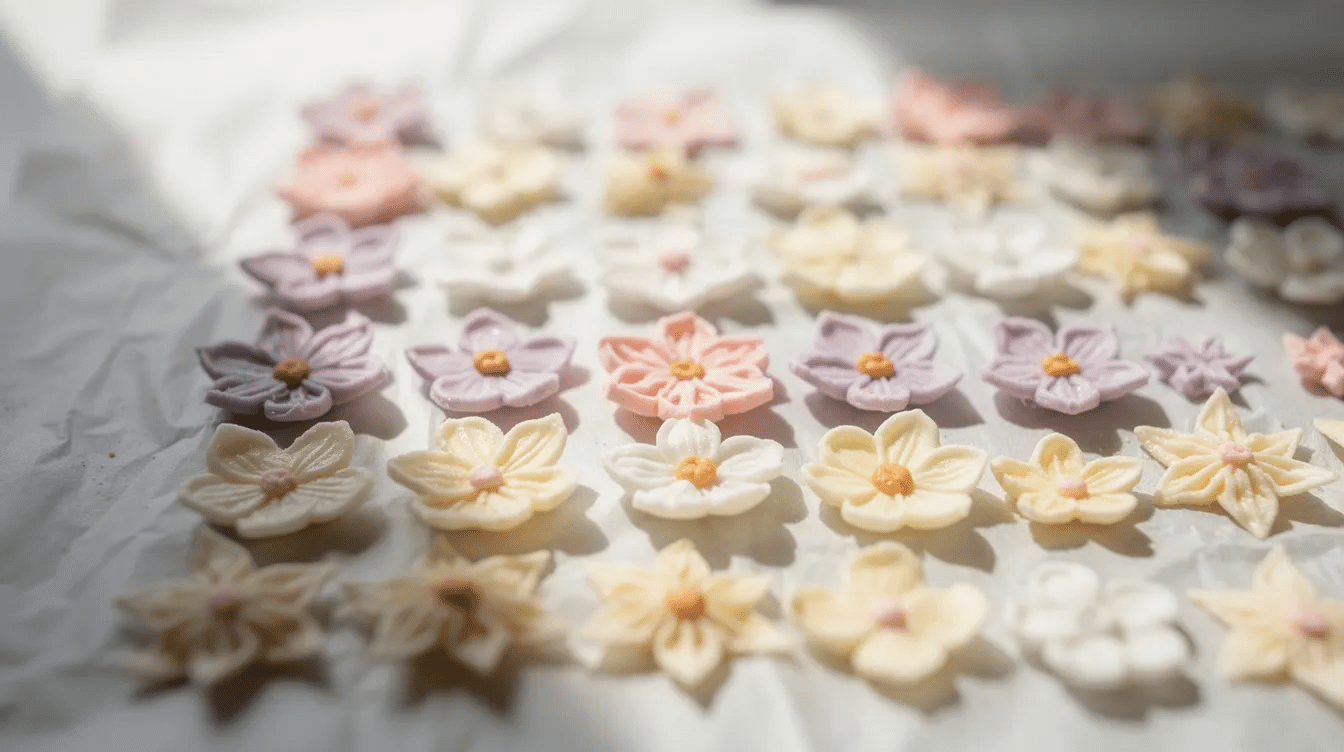 The image features an arrangement of delicate dried royal icing flower decorations placed on sheets of parchment paper, showcasing intricate designs made with meringue powder. These edible art pieces are perfect for decorating sugar cookies and can be stored properly in airtight containers to maintain their freshness.