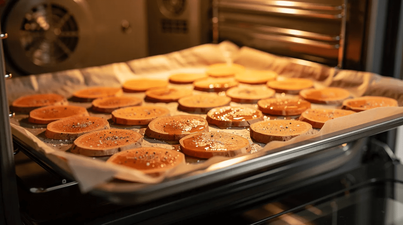 A baking sheet lined with parchment paper holds sweet potato rounds, placed inside an oven with the door slightly ajar, ready to bake into healthy sweet potato treats. The golden slices are arranged in a single layer, allowing for even cooking and crispiness.