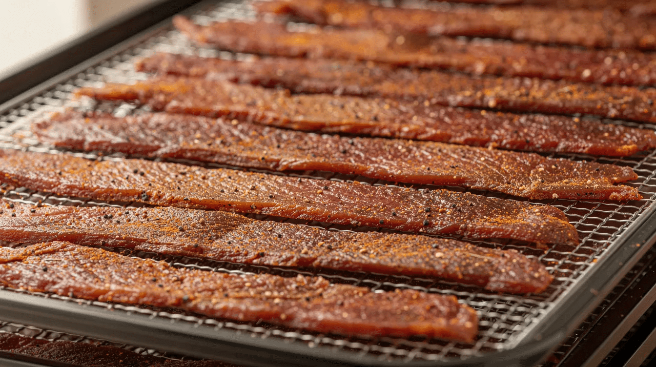 The image shows thin strips of seasoned cooked roast beef arranged neatly in rows on dehydrator trays, ready to be transformed into homemade beef jerky. The strips are marinated with flavorful ingredients like soy sauce and smoked paprika, highlighting the delicious and savory taste of the jerky recipe.