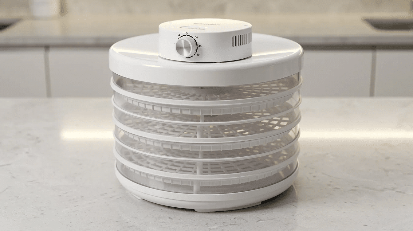 The image features a round electric food dehydrator with stackable, opaque plastic trays, elegantly arranged on a modern kitchen countertop. The sleek design includes a cylindrical motor housing unit on top, a control dial for adjustable temperature settings, and ventilated shelves, making it ideal for drying fruits, vegetables, and making snacks like beef jerky and apple chips.
