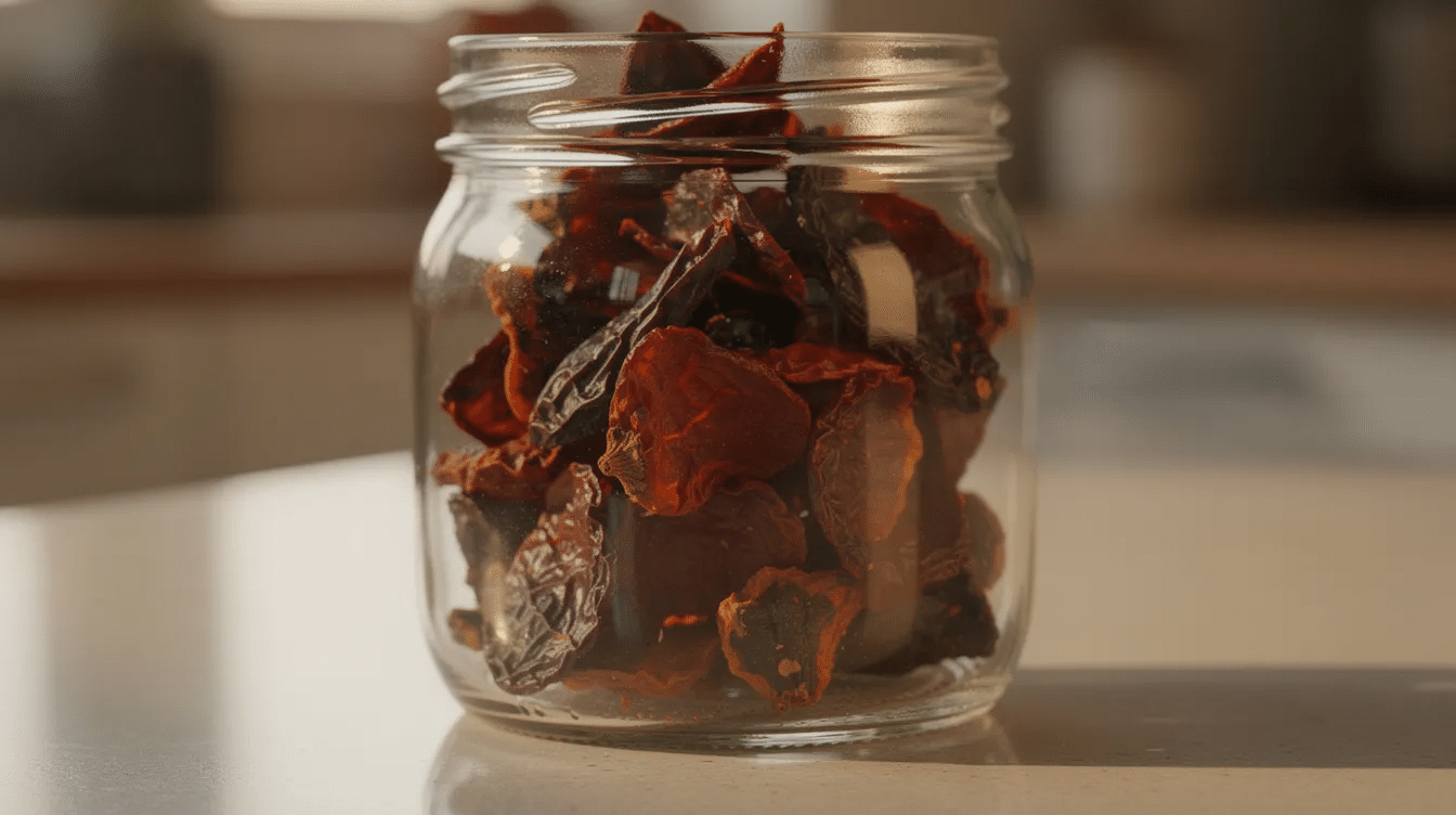 September 14, 2026 | A glass jar filled with dried dark red and orange chili pepper pieces sits on a kitchen countertop, illuminated by warm light. These dried chili peppers, ideal for making your own chili powder, are arranged in a way that showcases their vibrant colors and texture, perfect for adding flavor to various dishes.